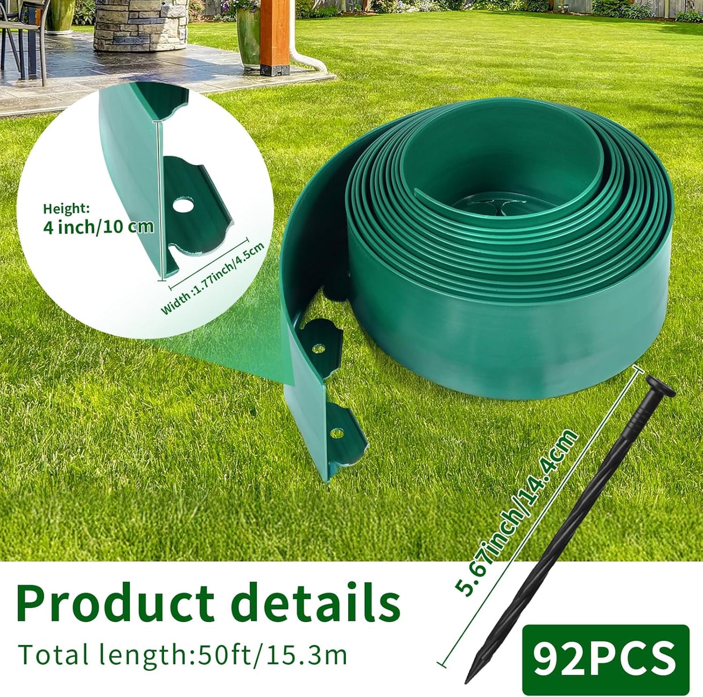 4 in x 50 Ft Garden Landscape Edging, No Dig Garden Edging Border Kit with 92 Pcs Spikes for Flower