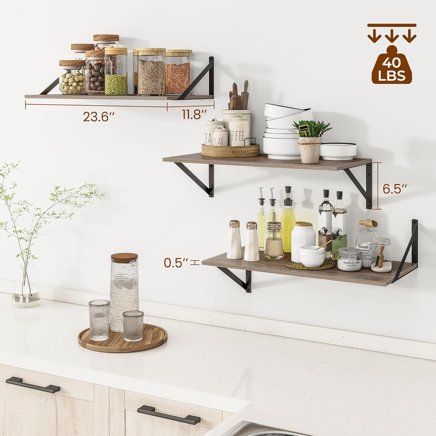 Heimlove 24" W x 12" D Wall Shelves for Books, 12 Inch Deep Floating Shelves Set of 3, Wide
