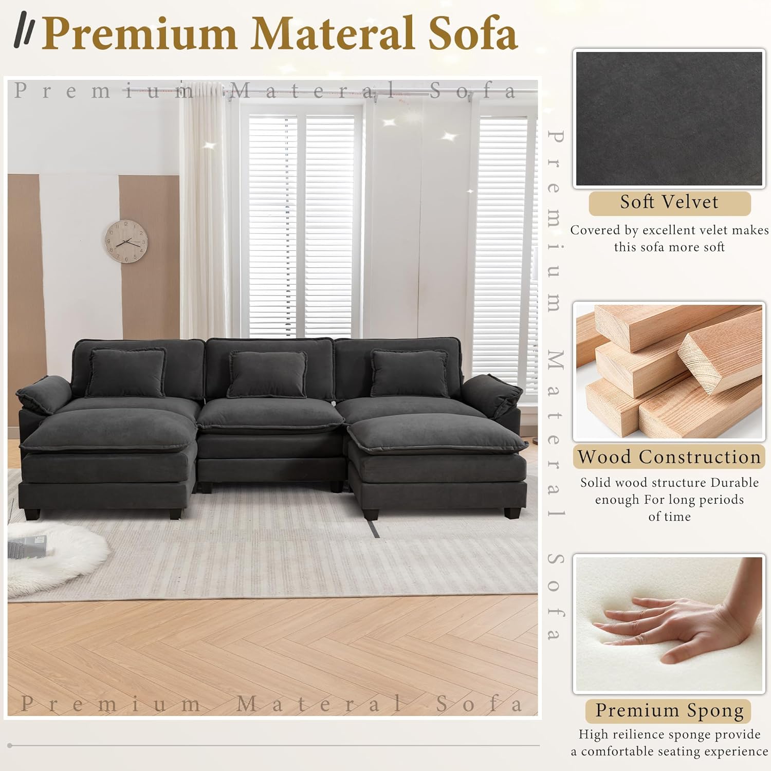 URRED Modular Sectional Sofa Comfy Cloud Couch, Modern Velvet Sofa Sleeper Deep Seat Couches with