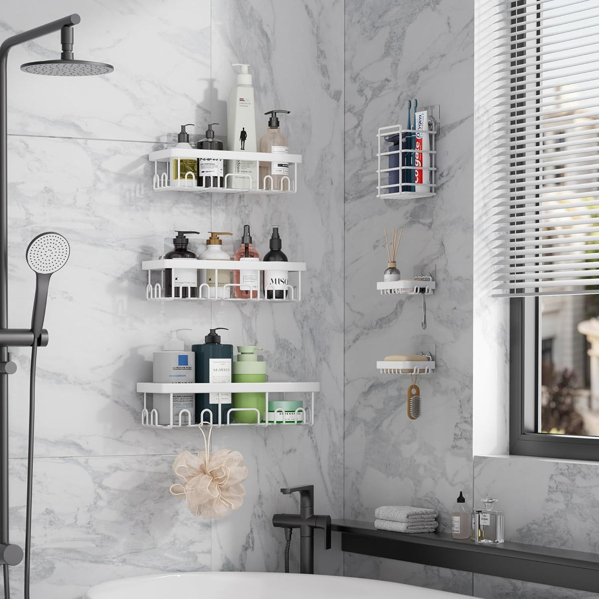 Veken 6-Pack Rustproof Waterproof Shower Caddy, Adhesive Shelves Rack with Soap Holder, Large