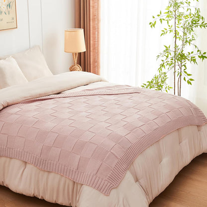CozeCube Check Knit Throw Blanket, Pink Checkered Throw for Couch, Decorative Christmas Soft Cozy
