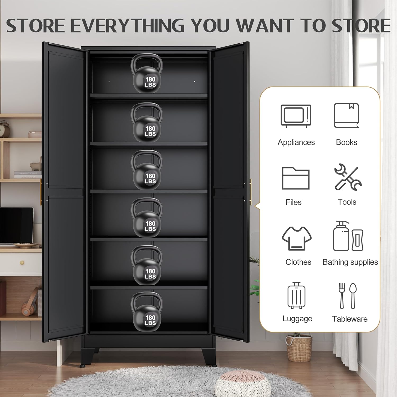 75.2" Tall Storage Cabinet, Pantry Storage Cabinets with 2 Door and 5 Adjustable Shelves, Black