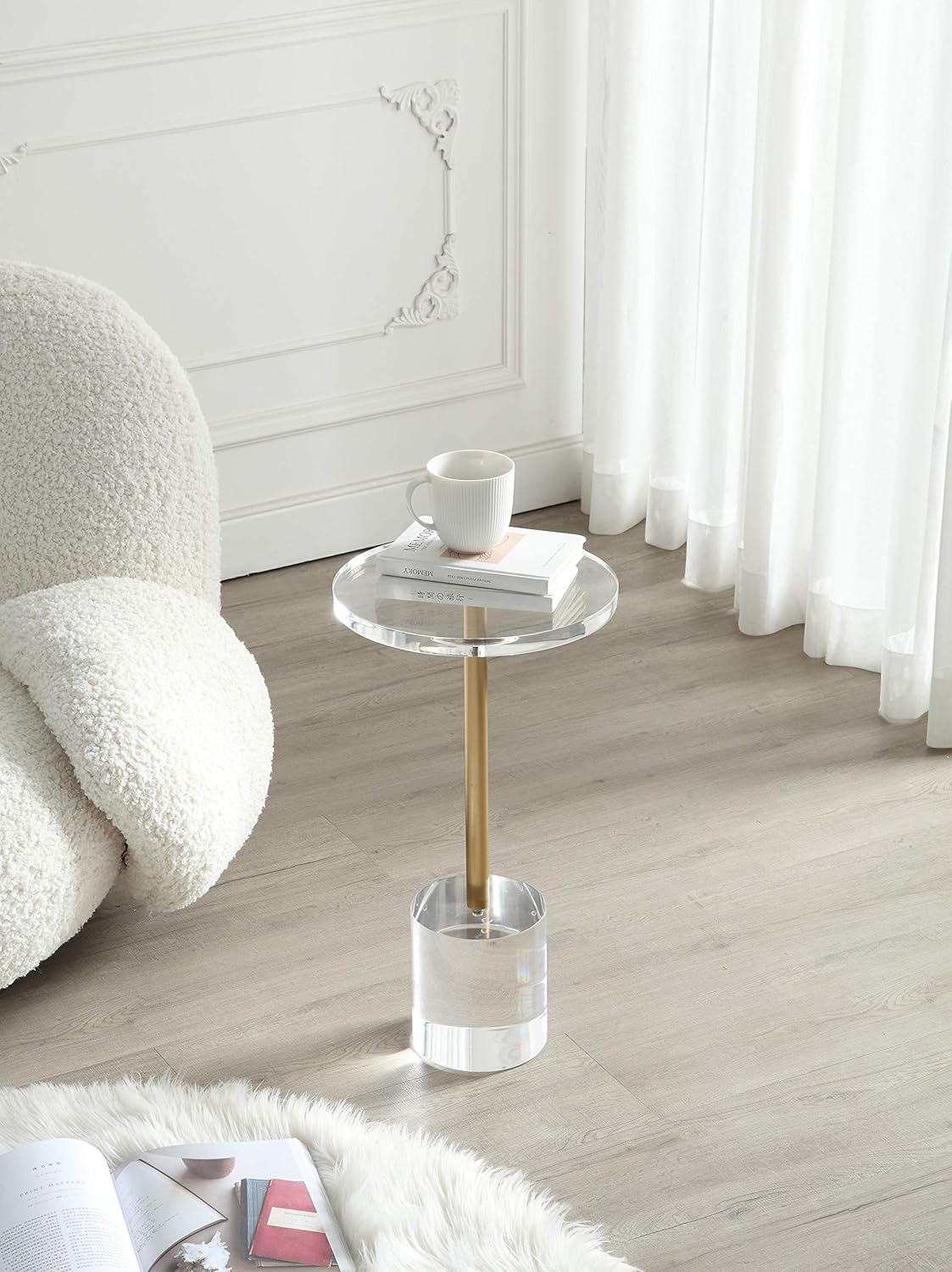 Clear Acrylic End Table,Side Table,Brushed Brass Metal,Round,for Office, Living Room and