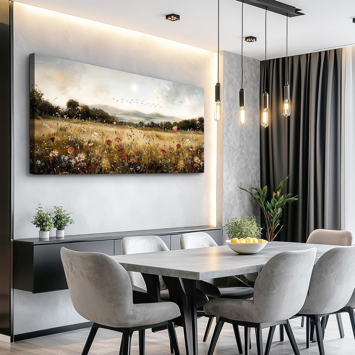 KELIYUAN Canvas Wall Art For Kitchen Dining Room Vintage Decor, Lawn Paintings With Flowers Wall