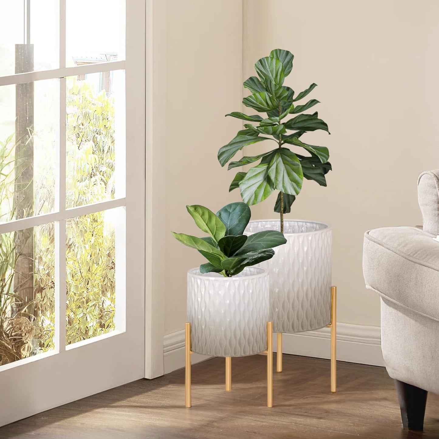 ARNIS Plants Pots with Stand, Set of 2 Indoor Planter Pots, Unique Mid Century Decorative Metal