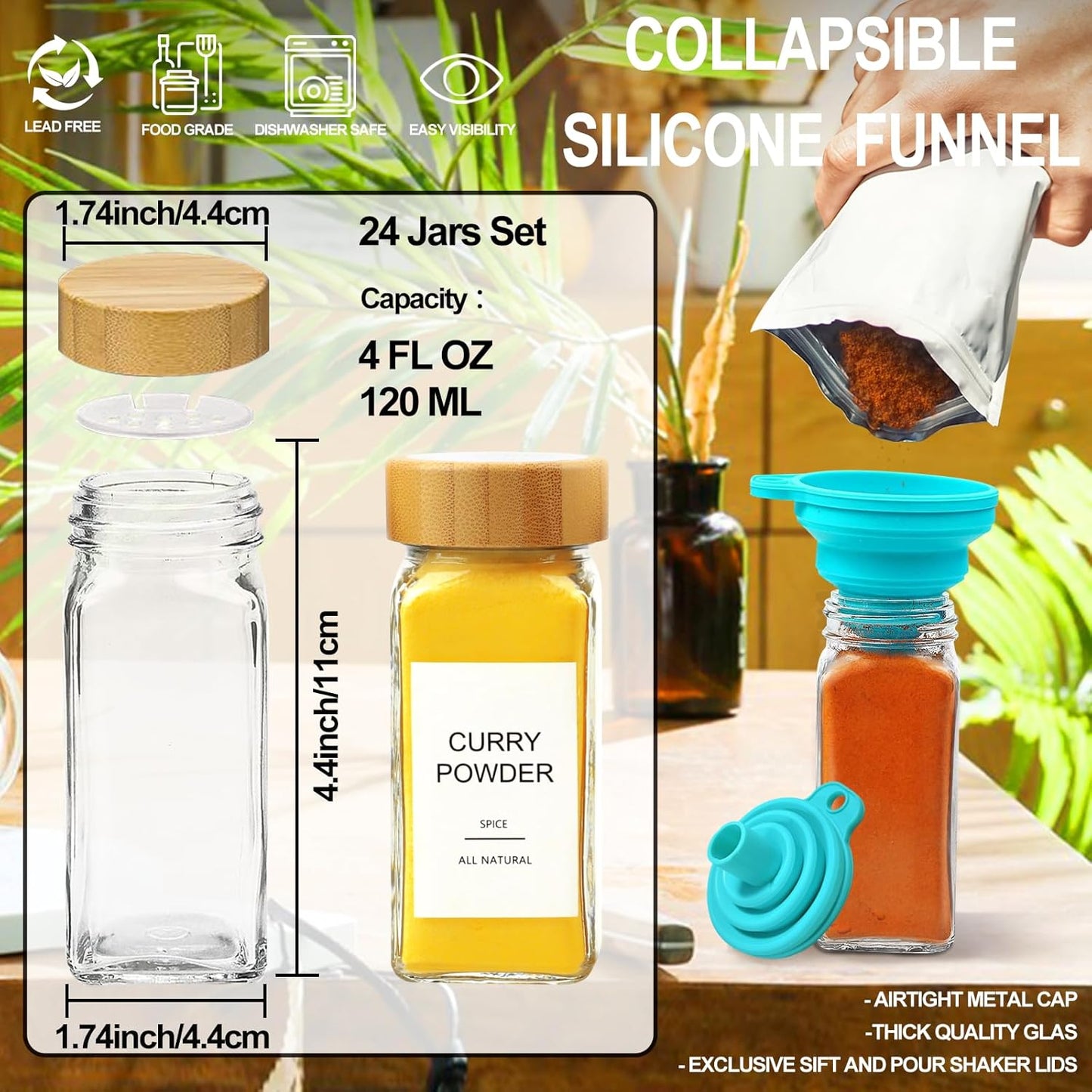 AISIPRIN Glass Spice Jars with 398 Labels, 24 pcs 4oz Spice Containers with Bamboo Lids, Square