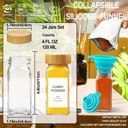 AISIPRIN Glass Spice Jars with 398 Labels, 24 pcs 4oz Spice Containers with Bamboo Lids, Square