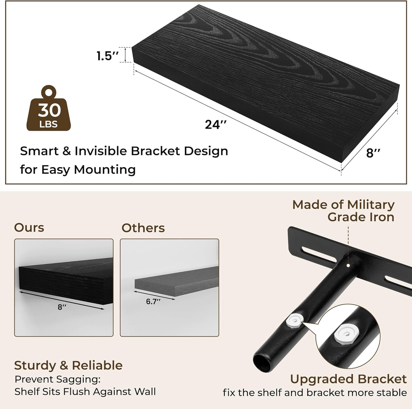 RICHFOCUS 24Inch Floating Shelves for Wall 2 Pack Shelves for Bedroom|Kitchen|Bathroom Wall Mounted