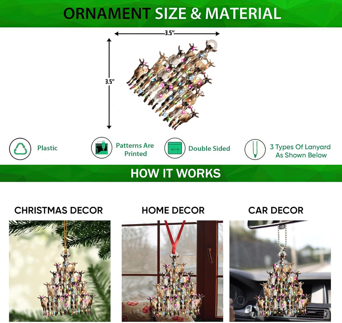 Talataca Goat 2D Flat Christmas Ornament, Goat Farm Animal Christmas Pine Tree Shape with String