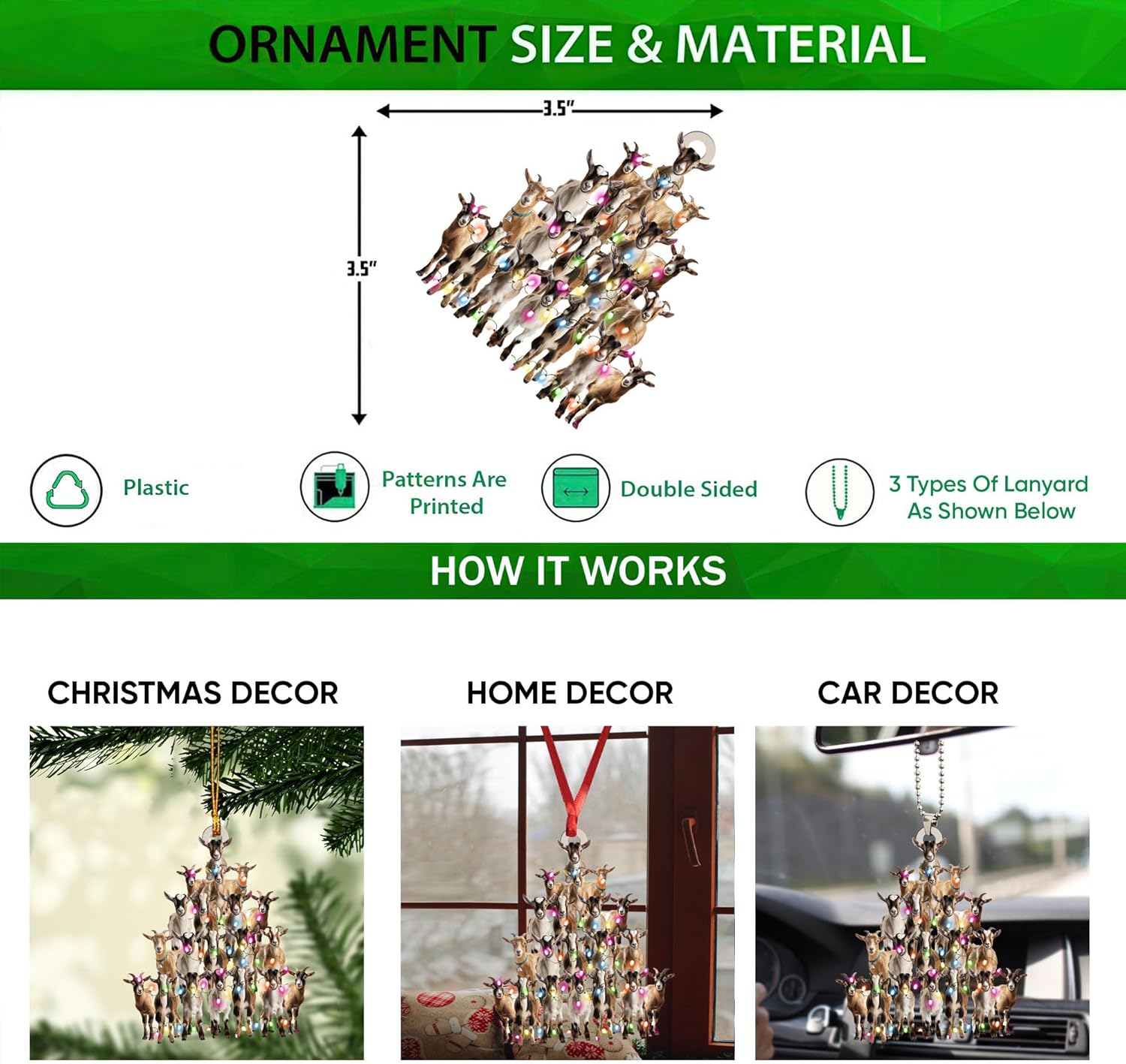 Talataca Goat 2D Flat Christmas Ornament, Goat Farm Animal Christmas Pine Tree Shape with String