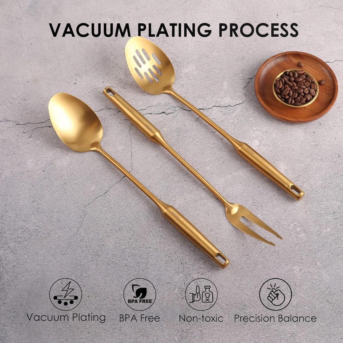 Gold Kitchen Utensils Set - 18/10 Stainless Steel Cooking Tools, 15" All Metal Serving Utensils