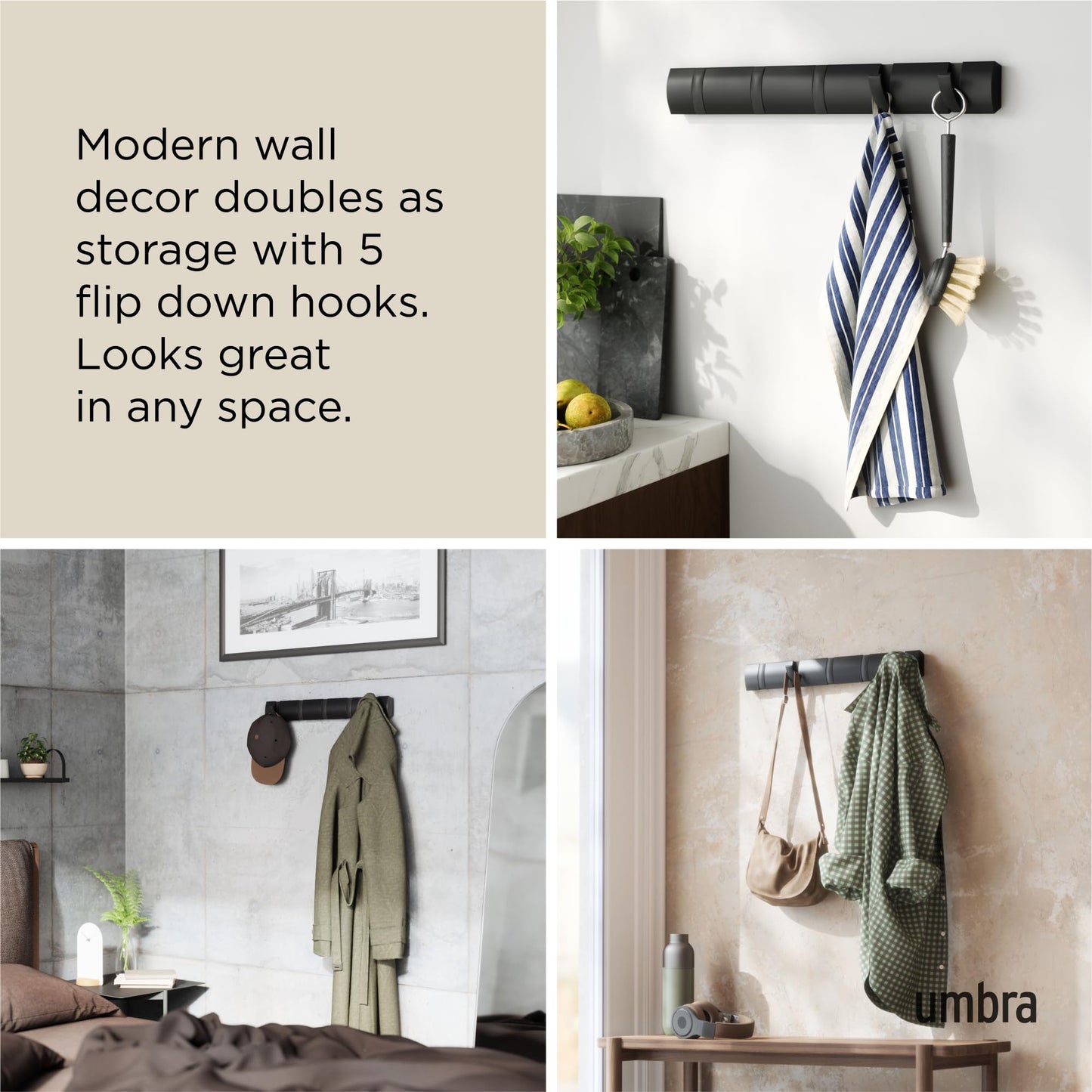 Umbra Flip Coat Rack, Wall Mounted 5-Hook Space Saving, Black/Black