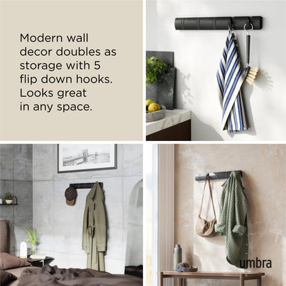 Umbra Flip Coat Rack, Wall Mounted 5-Hook Space Saving, Black/Black
