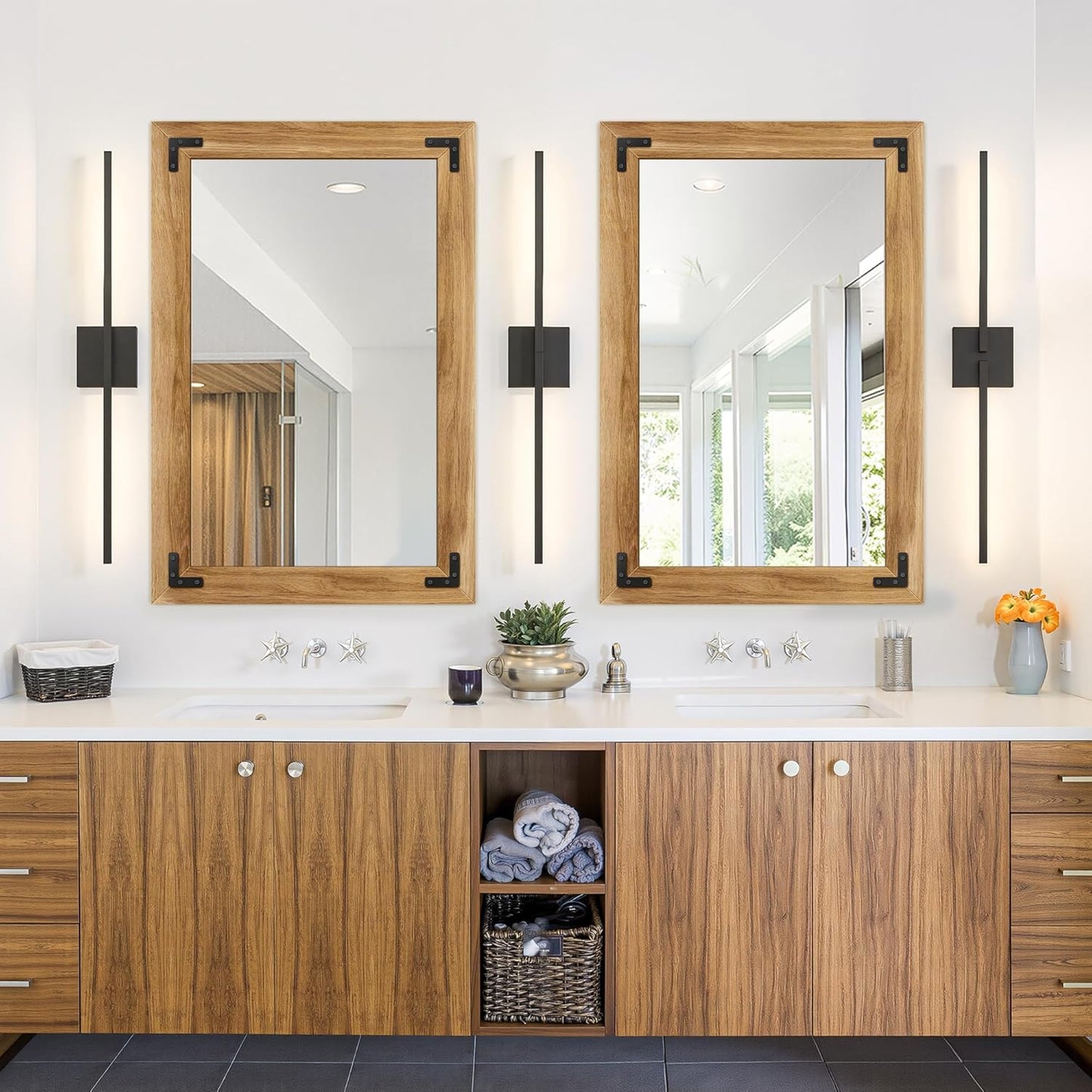 Bathroom Mirror for Wall with Wooden Frame, 36"x24" Solid Wood Vanity Mirror for Farmhouse