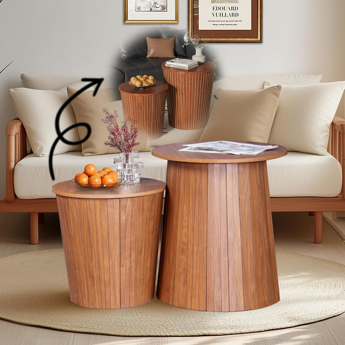 Round Coffee Table Set,2-Piece Modern Farmhouse Living Room End Table Set, Nesting Table Round