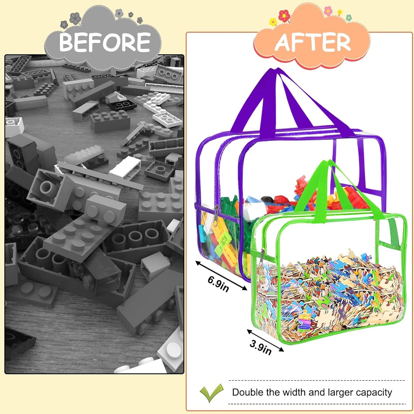 6 Colors Large Toy Storage Bags with Labels, Reusable Clear PVC Board Game Storage, Travel