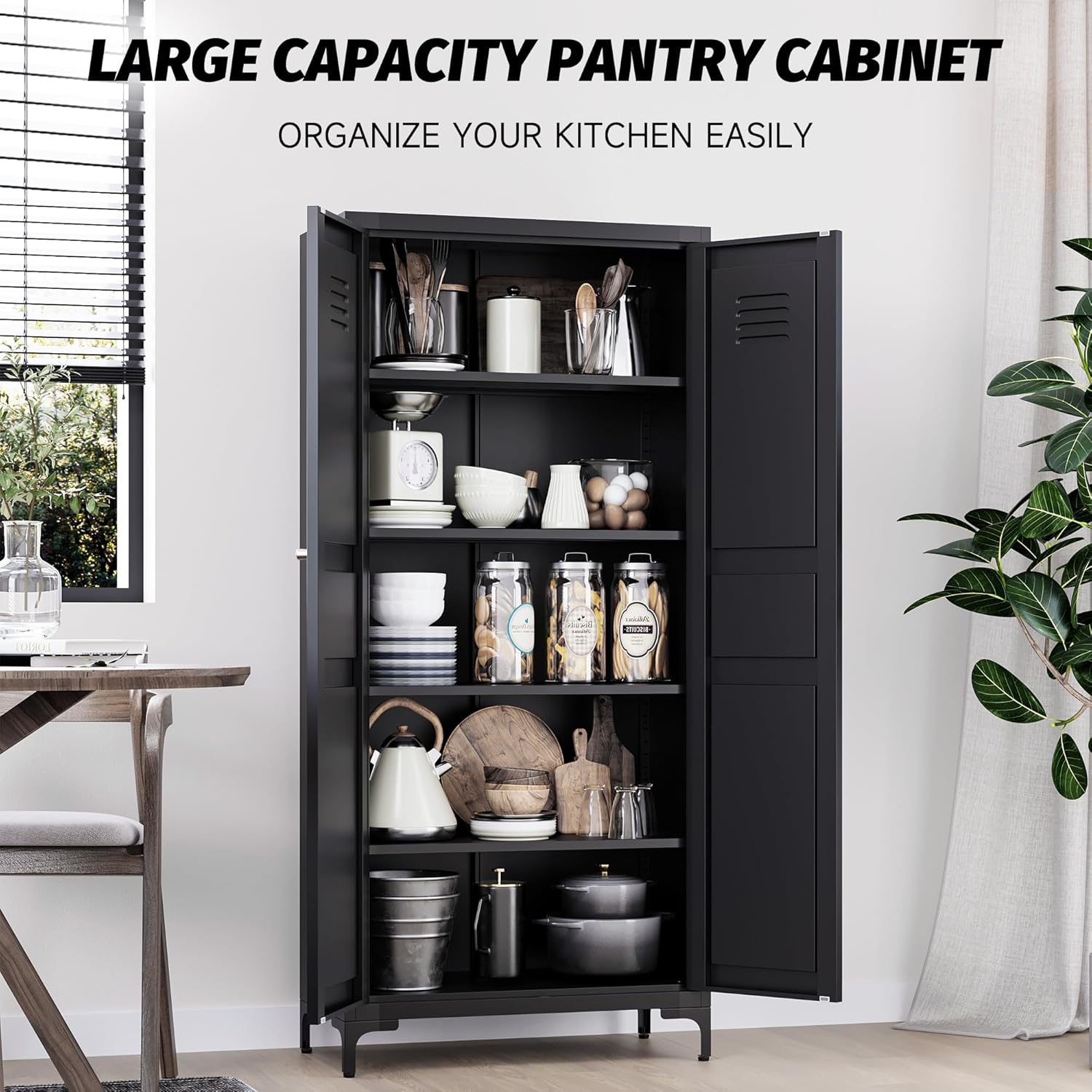 Metal Storage Cabinet with Doors and Shelves,Black Storage Cabinet with Leg,Metal Pantry