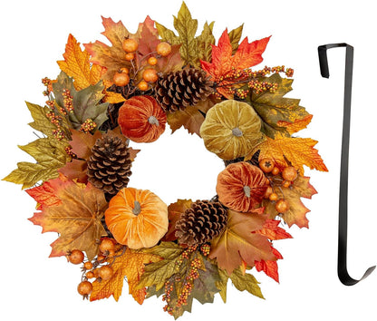 Fall Wreaths for Front Door 16'' Autumn Velvet Pumpkin Wreath with Metal Hook Harvest Maple Wreath