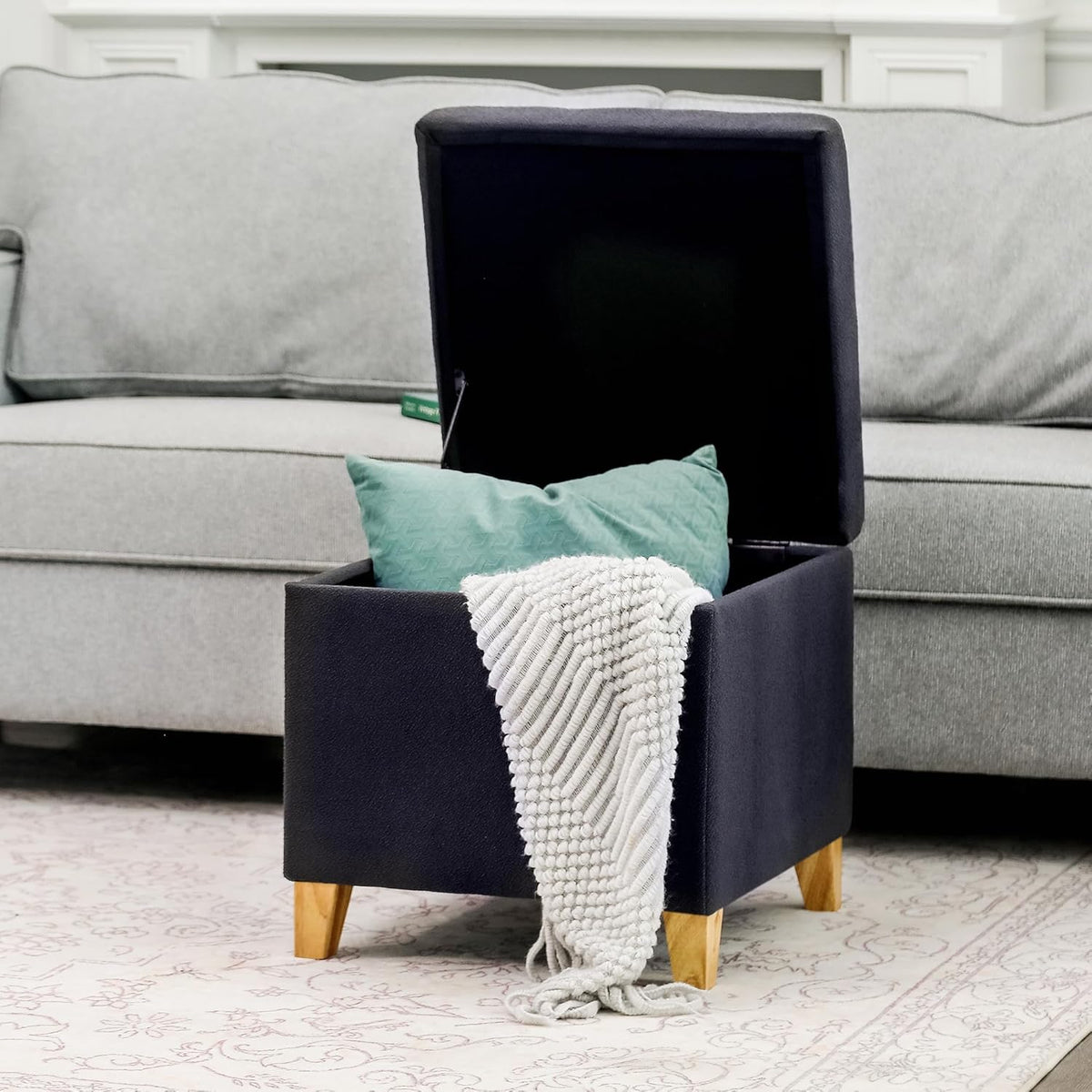 Adeco Fabric Storage Ottoman Bench with Solid Wood Legs, 17.7" Square Dark Grey Cotton Linen Cube