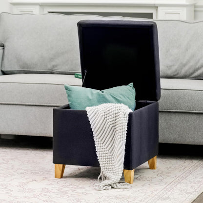 Adeco Fabric Storage Ottoman Bench with Solid Wood Legs, 17.7" Square Dark Grey Cotton Linen Cube