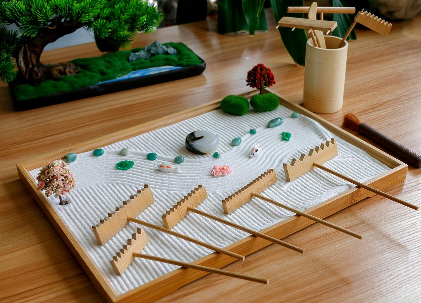 Zen Garden Tools Kit Accessories - Japanese Zen Garden Decor Zen Rake Set Mini Bamboo Rock Sand