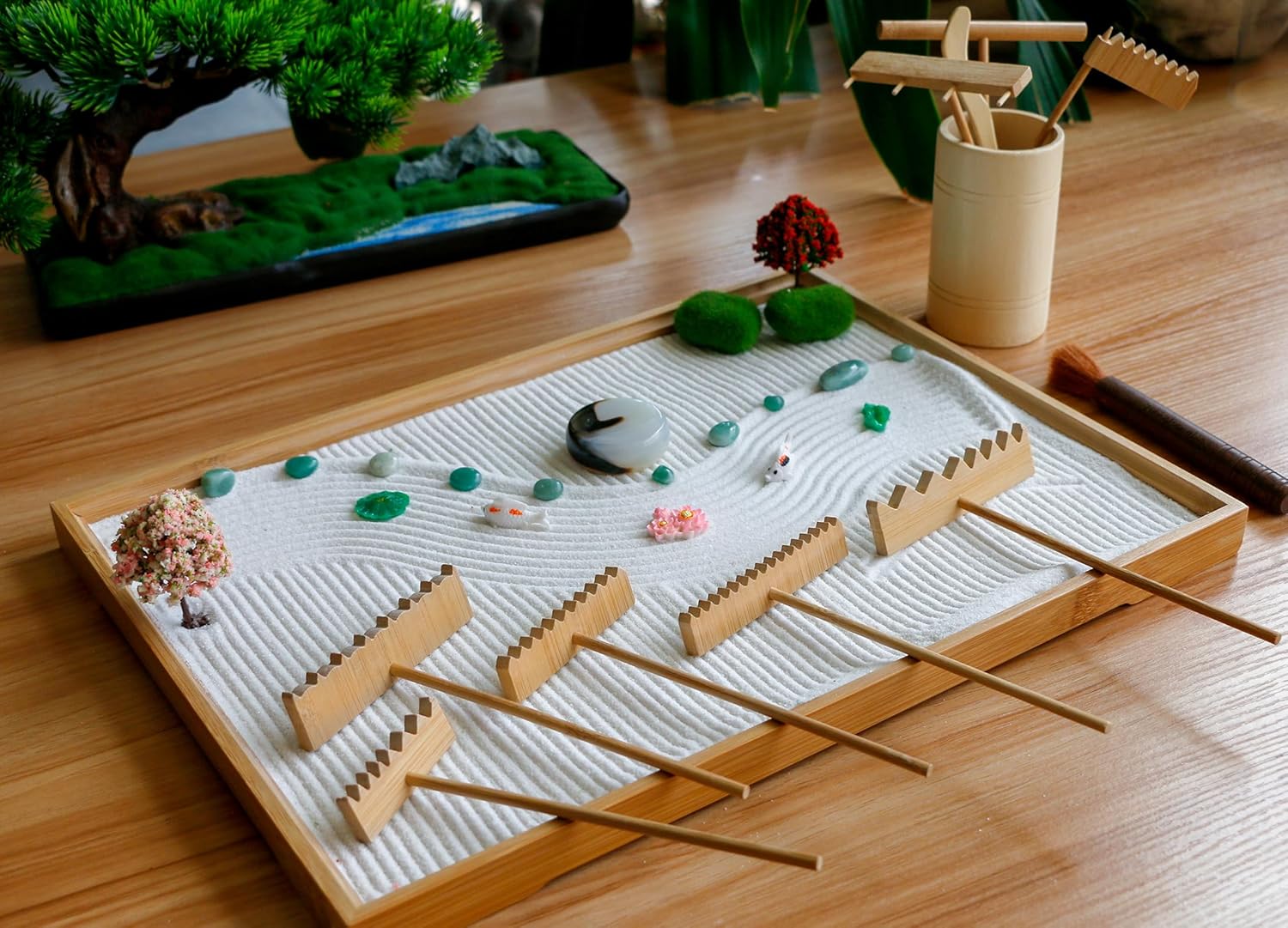 Zen Garden Tools Kit Accessories - Japanese Zen Garden Decor Zen Rake Set Mini Bamboo Rock Sand