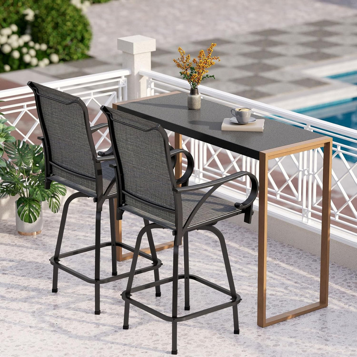PHI VILLA 3 Piece Outdoor Bar Set, Bar Height Patio Bistro Table and Bar Chairs with Gray Textilene