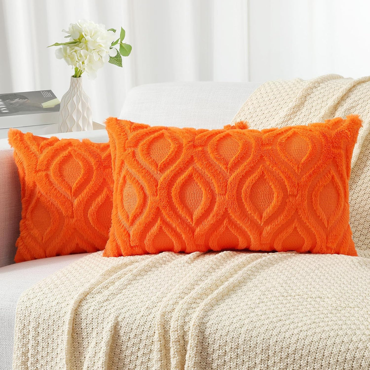 decorUhome Fall Throw Pillow Covers 12x20 Inch Set of 2, Soft Plush Decorative Faux Fur Orange
