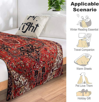 Heriz Antique Vintage Boho Persian Carpet Flannel Fleece Throw Blankets 50"X40" Lightweight Fluffy
