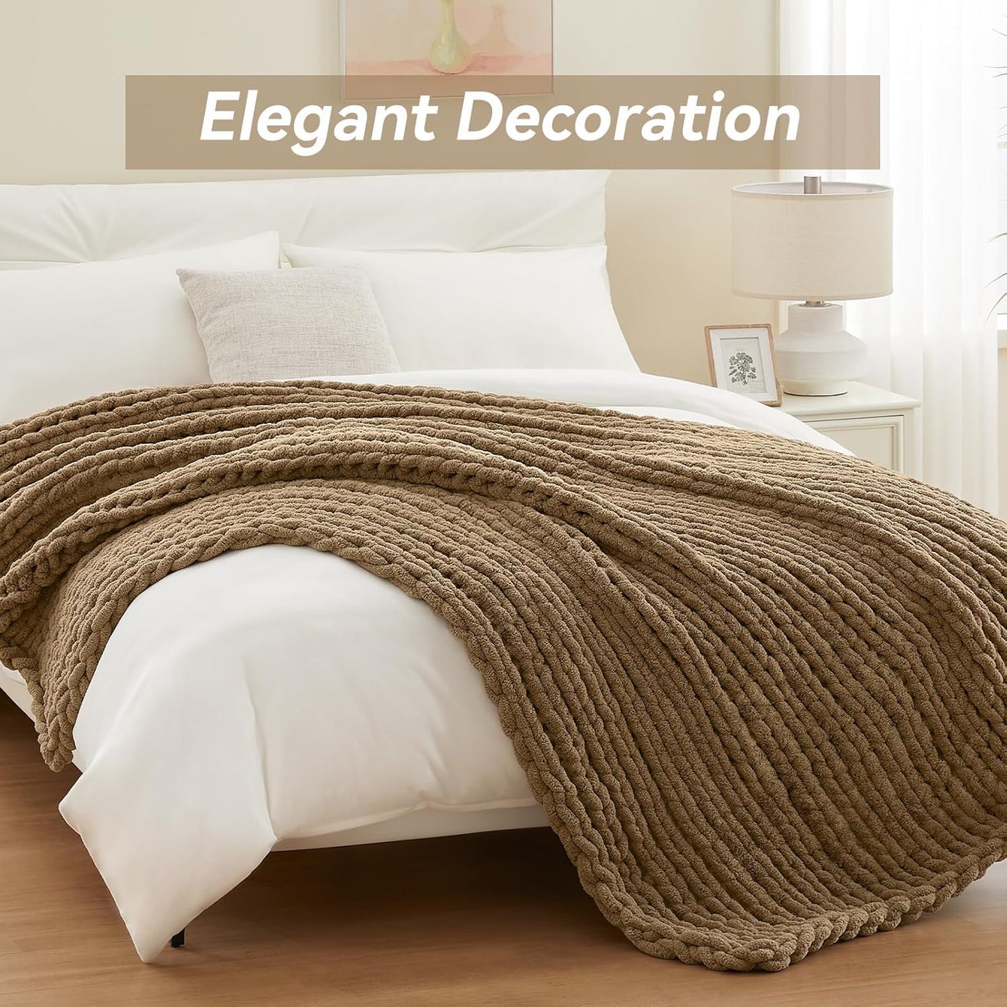 Chunky Knit Throw Blanket, 30''*40'' Knitted Throw Chenille Yarn for Bed Couch, Handmade Light