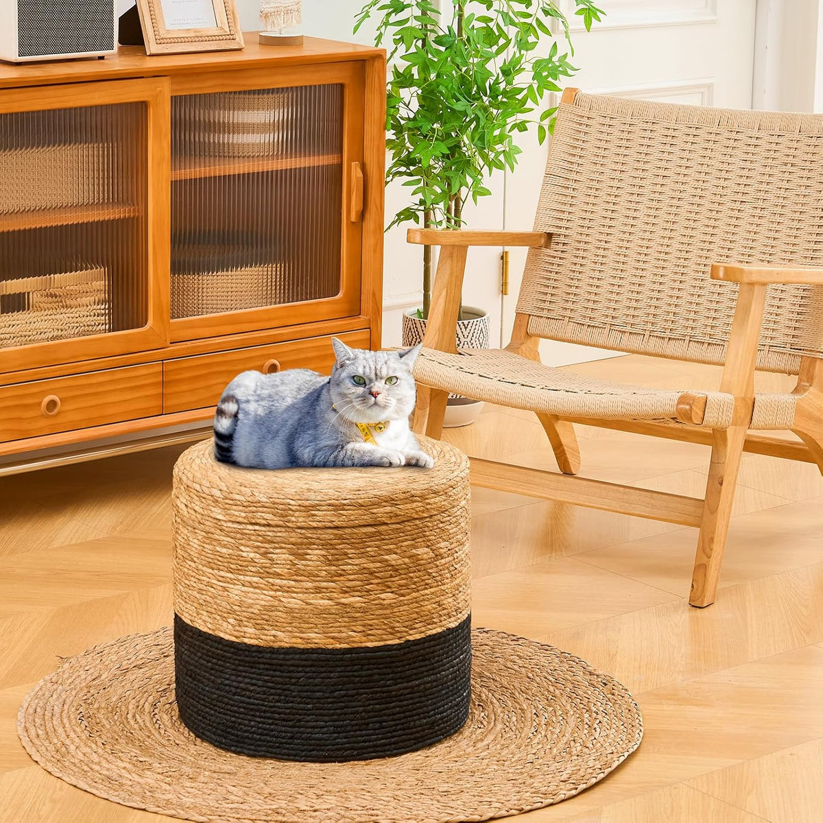 Wimarsbon 18'' Ottoman Pouf, Natural Braided Poof, Rustic Handweave Lounge Pouffe, Boho Footrest