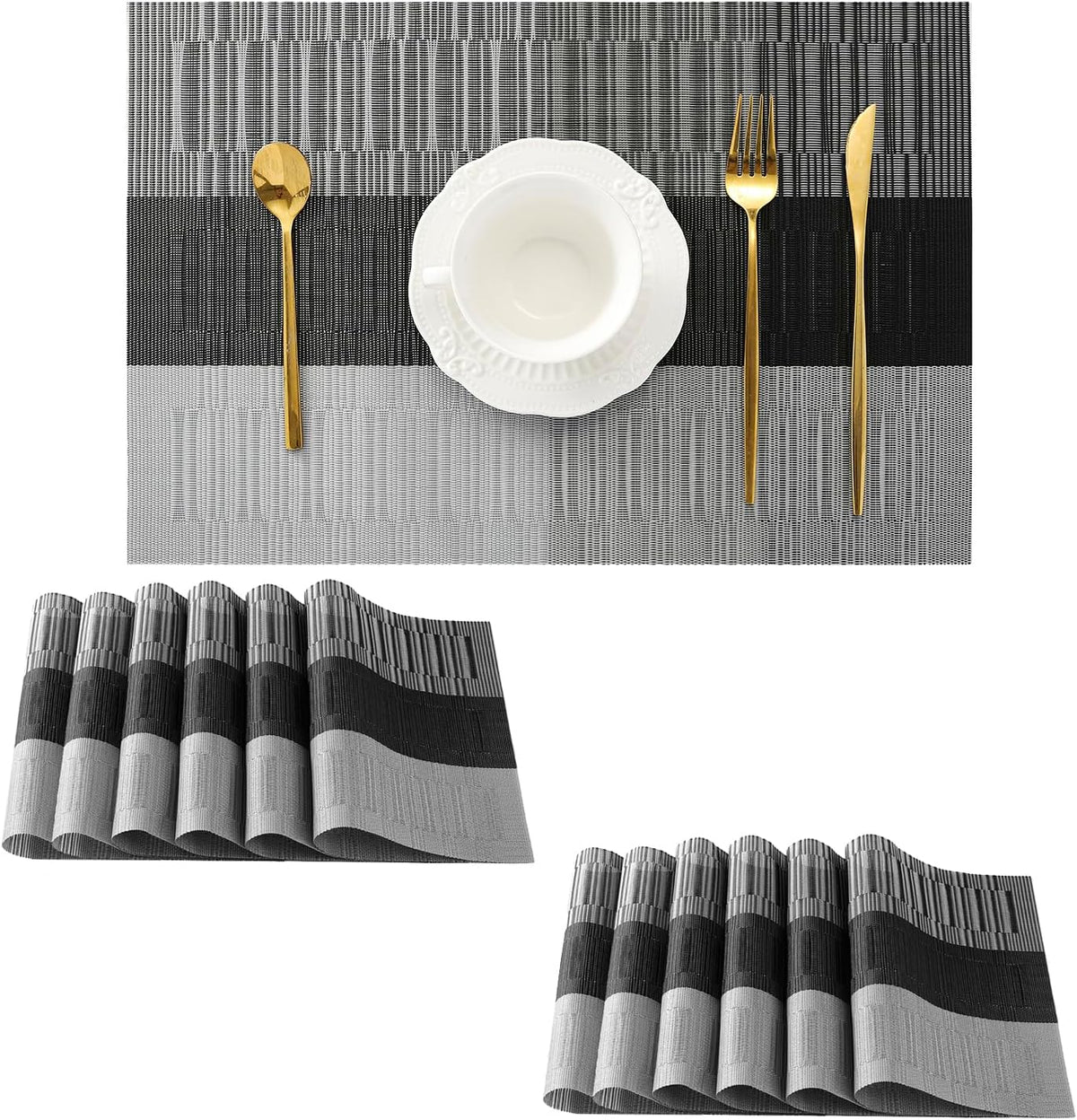 Leetaltree Grey with White Striped Placemats Set of 12 - Heat Resistant Non-Slip Place mats for
