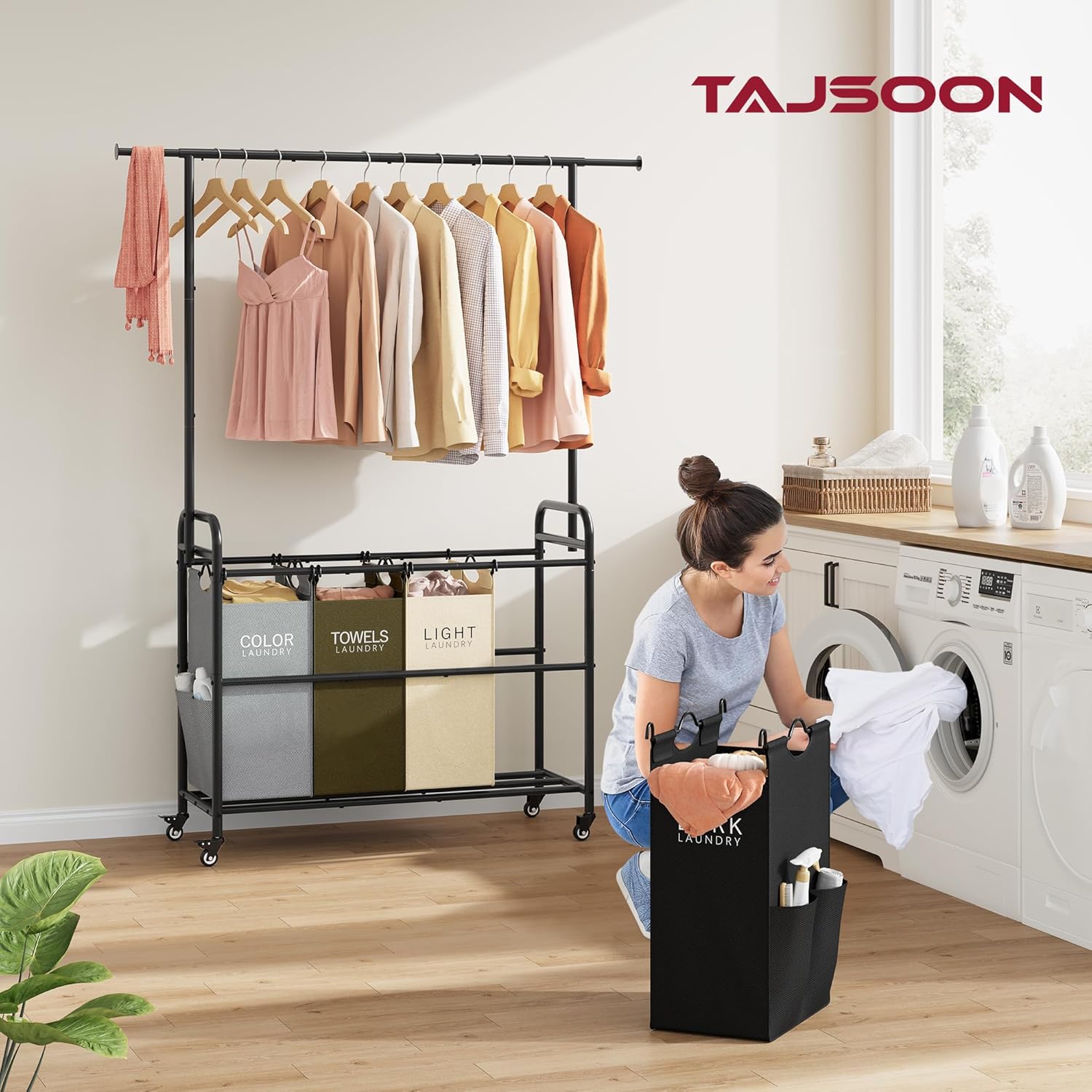 Tajsoon Laundry Sorter Cart with Hanging Clothes Rack, 4 Butler Sorter Basket Organizer, Laundry