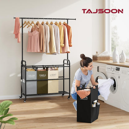 Tajsoon Laundry Sorter Cart with Hanging Clothes Rack, 4 Butler Sorter Basket Organizer, Laundry