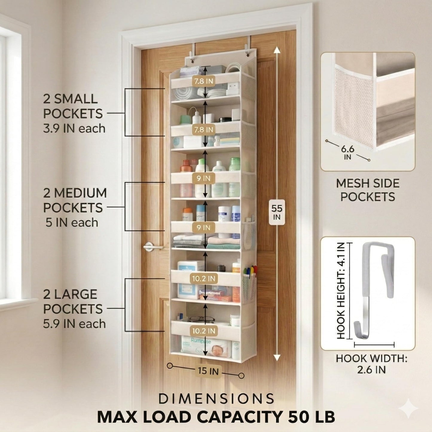 HOMELUX THEORY Over the Door Organizer, 6-Tier, 100D Fabric, Ivory 2pc