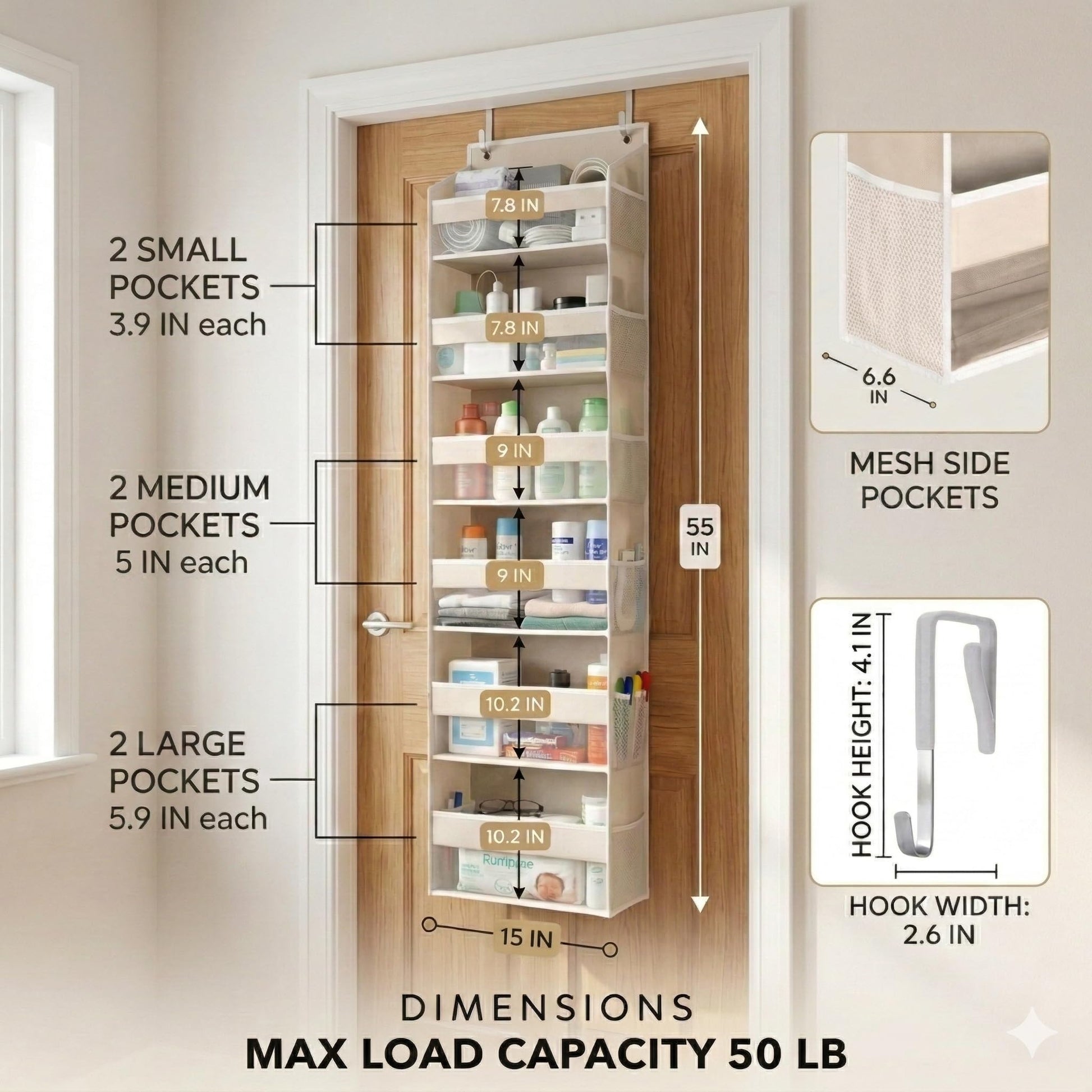 HOMELUX THEORY Over the Door Organizer, 6-Tier, 100D Fabric, Ivory 2pc