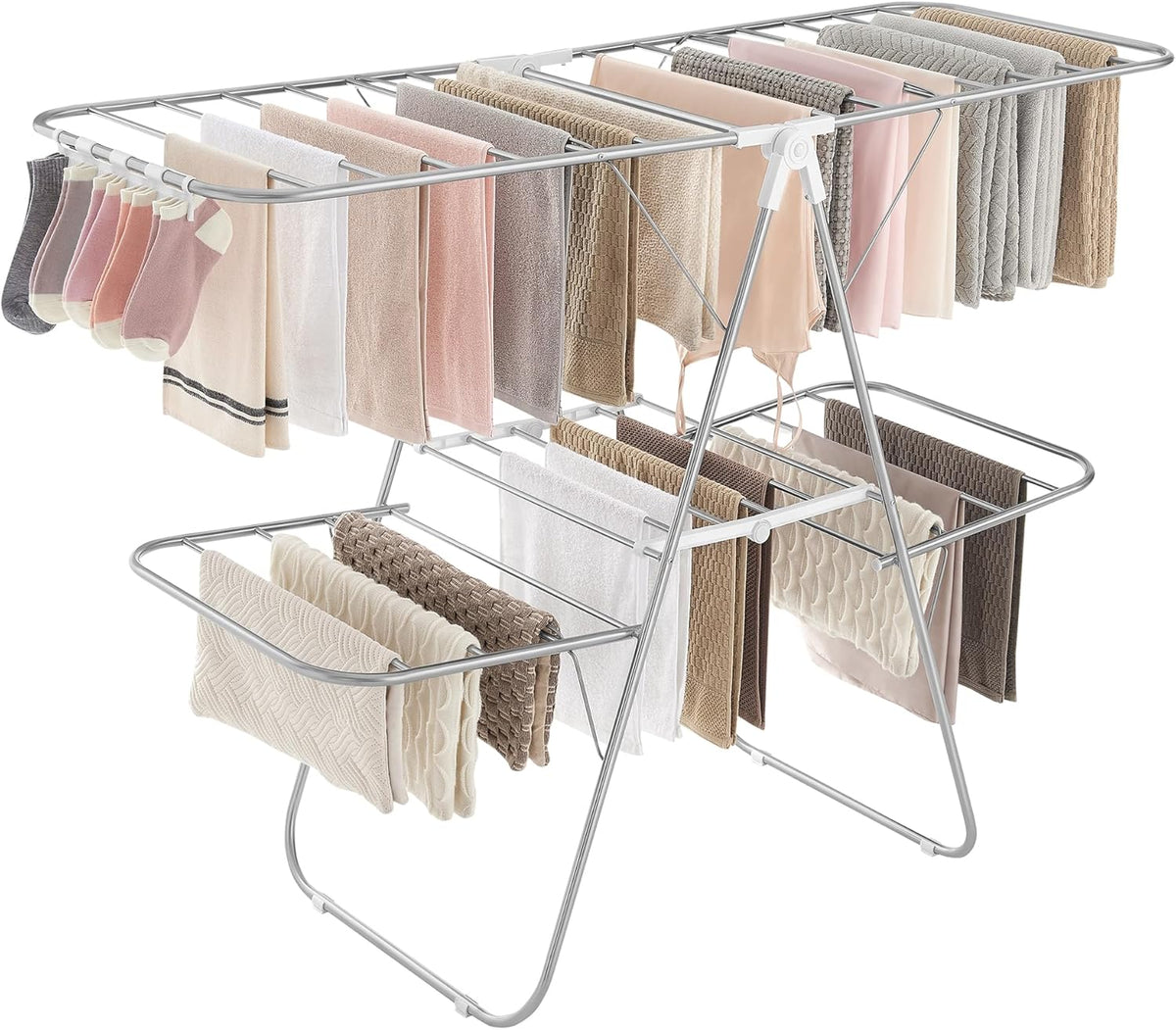 SONGMICS Clothes Drying Rack, Foldable 2-Level Laundry Drying Rack, Free-Standing Laundry Airer
