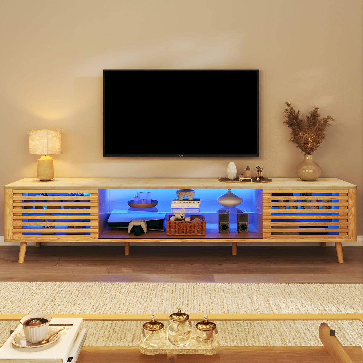 70" Mid Century Modern TV Stand for 55/65/75 Inch TV, Faux Marble Top Entertainment Center with