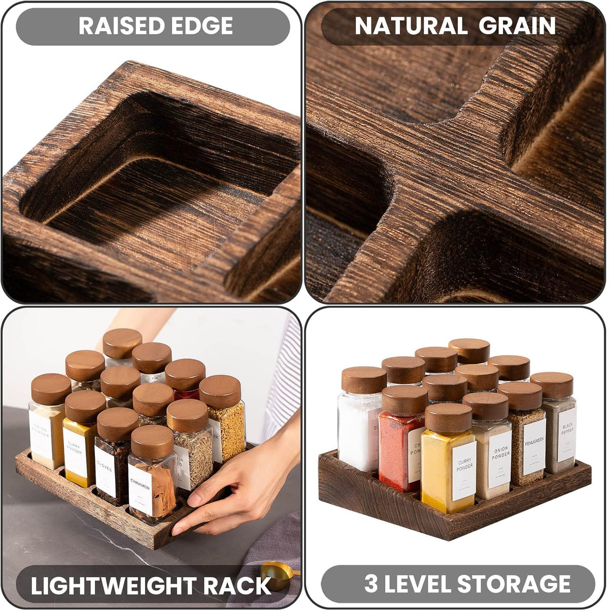 Yangbaga 24Pcs Glass Spice Jars with Labels-4oz Acacia Wood Lid Square Spice Containers and 2pcs