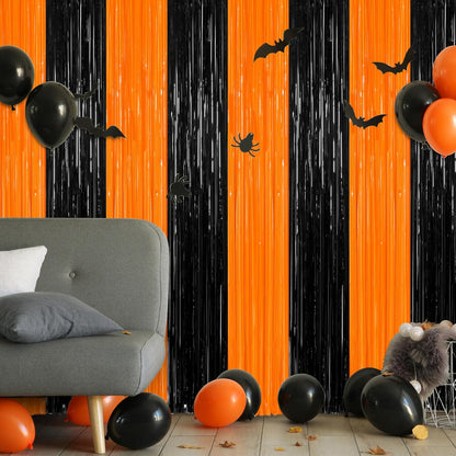 2 Pack Halloween Photo Backdrop, 3.28 FT x 7.05 FT Orange and Black Party Streamer, Metallic Foil