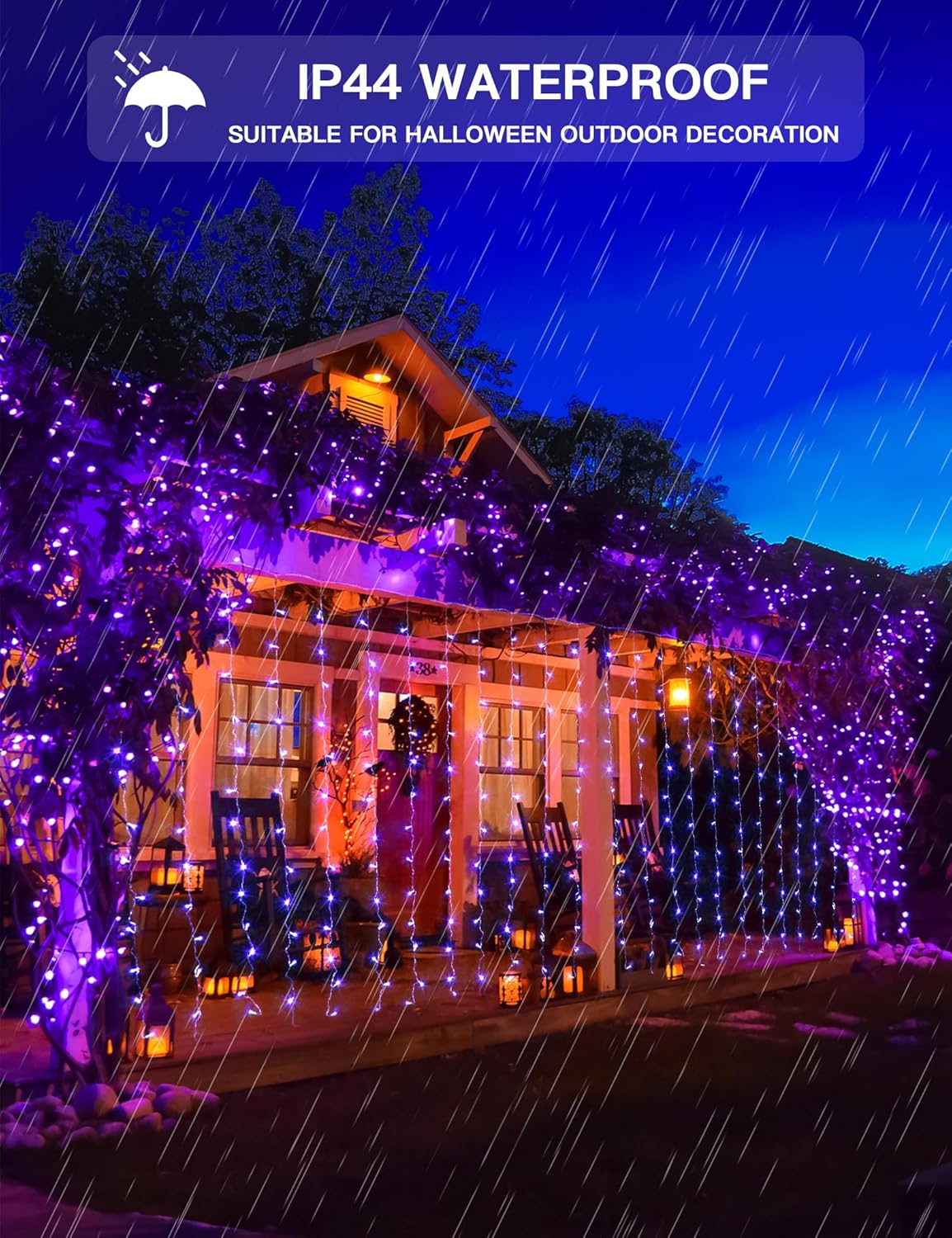 suddus Purple Curtain Lights for Halloween, 200 LED Hanging String Lights with USB Plug, Curtain