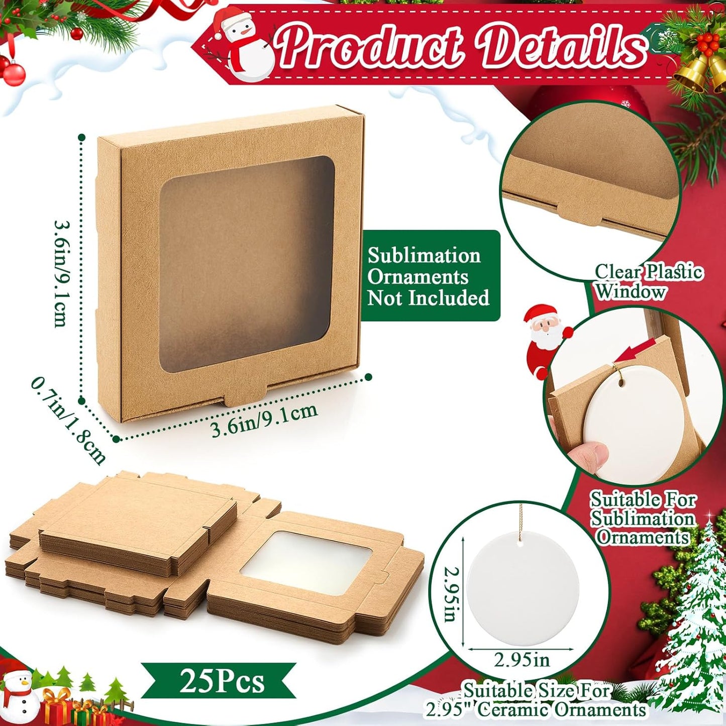 25 Pcs Sublimation Ornament Blanks Box 3.6"x3.6"x0.7" Christmas Ornaments Holder Ceramic Discs