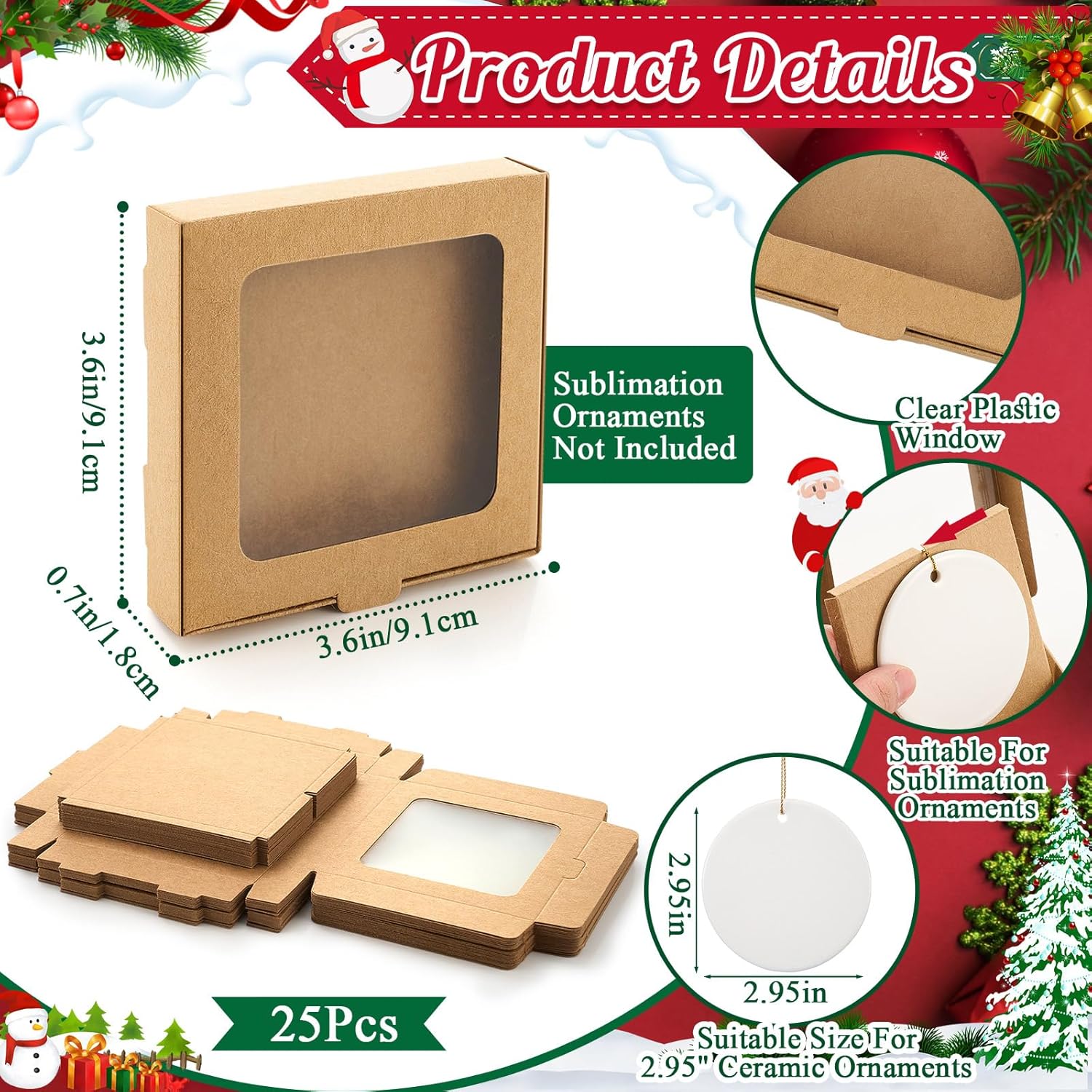 25 Pcs Sublimation Ornament Blanks Box 3.6"x3.6"x0.7" Christmas Ornaments Holder Ceramic Discs