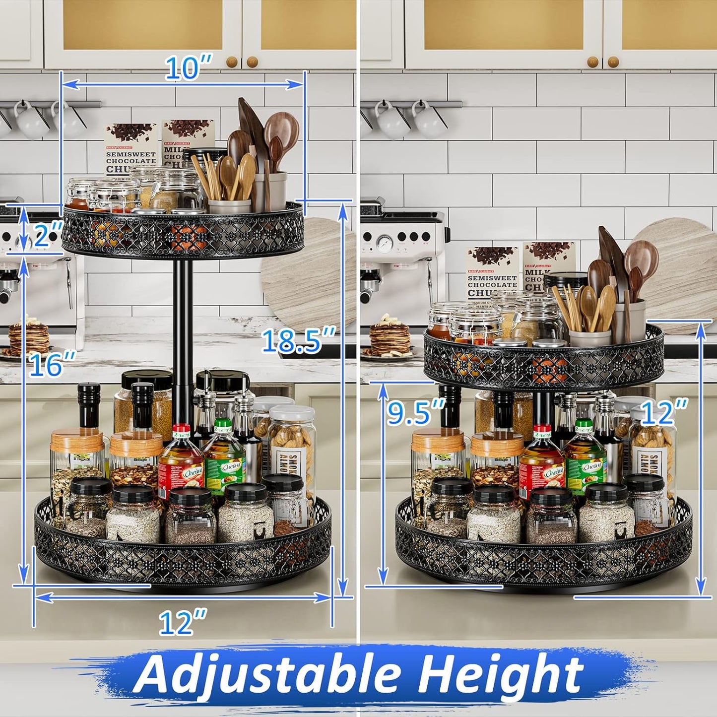 Lazy Susan Organizer 2 Tier - Turntable Spice Rack 12 inch Adjustable Metal Rotating Lazy Susan for