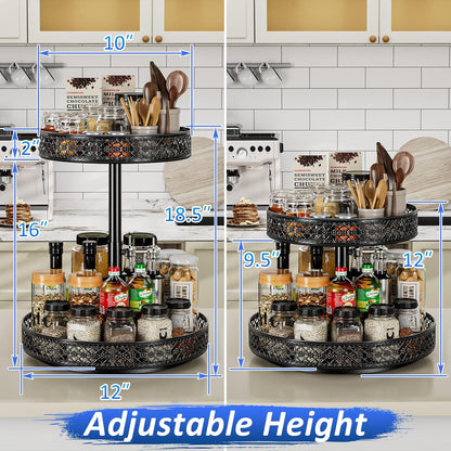 Lazy Susan Organizer 2 Tier - Turntable Spice Rack 12 inch Adjustable Metal Rotating Lazy Susan for