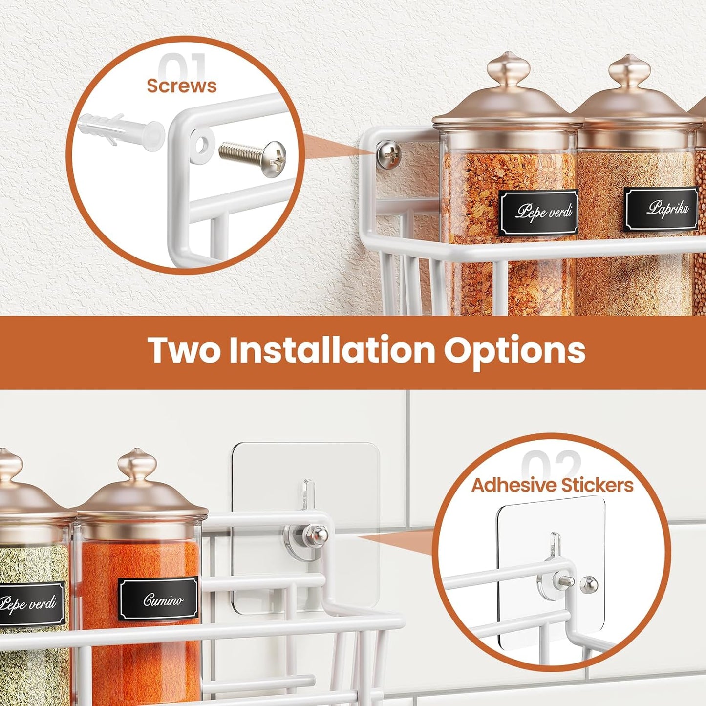 5 Pack Spice Rack Seasoning Organizer Wall Mount, Screw or Adhesive Hanging Shelf Basket Spice