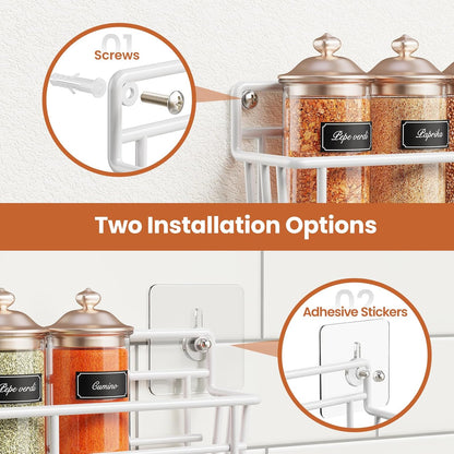 5 Pack Spice Rack Seasoning Organizer Wall Mount, Screw or Adhesive Hanging Shelf Basket Spice