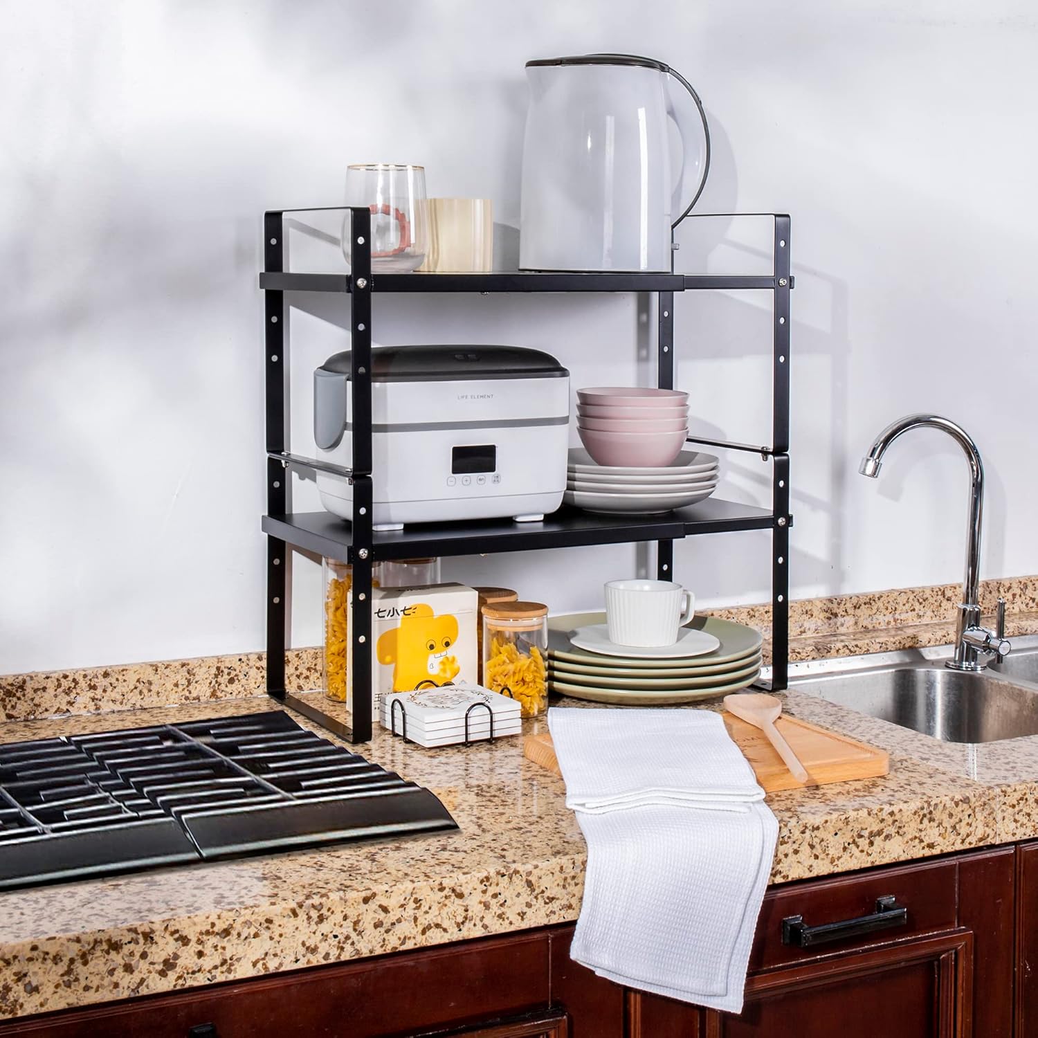 Expandable Cabinet Shelf Organizer Rack, Stackable Kitchen Counter Storage Shelves Stand