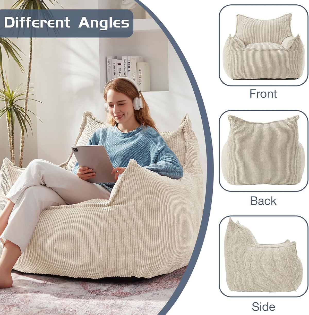 Giant Bean Bag Chair Sofa for Adults Teens, Comfy Corduroy Large Bean Bag Chairs with Armrests for