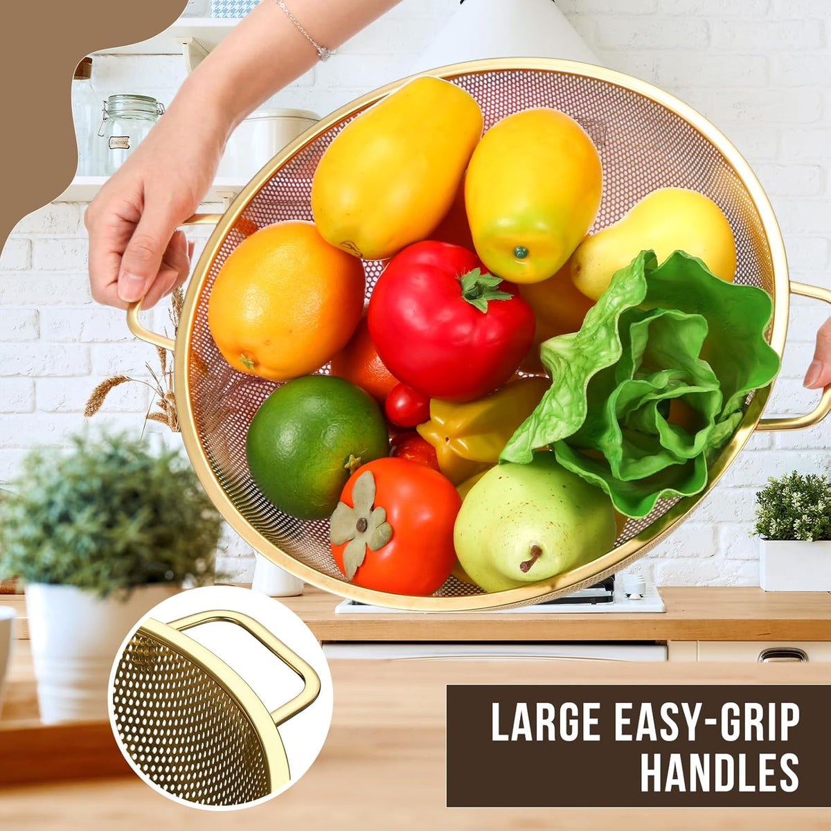 Norme 7 Quart Stainless Steel Gold Colander and 3 Pcs Gold Fine Mesh Strainer, Stainless Steel
